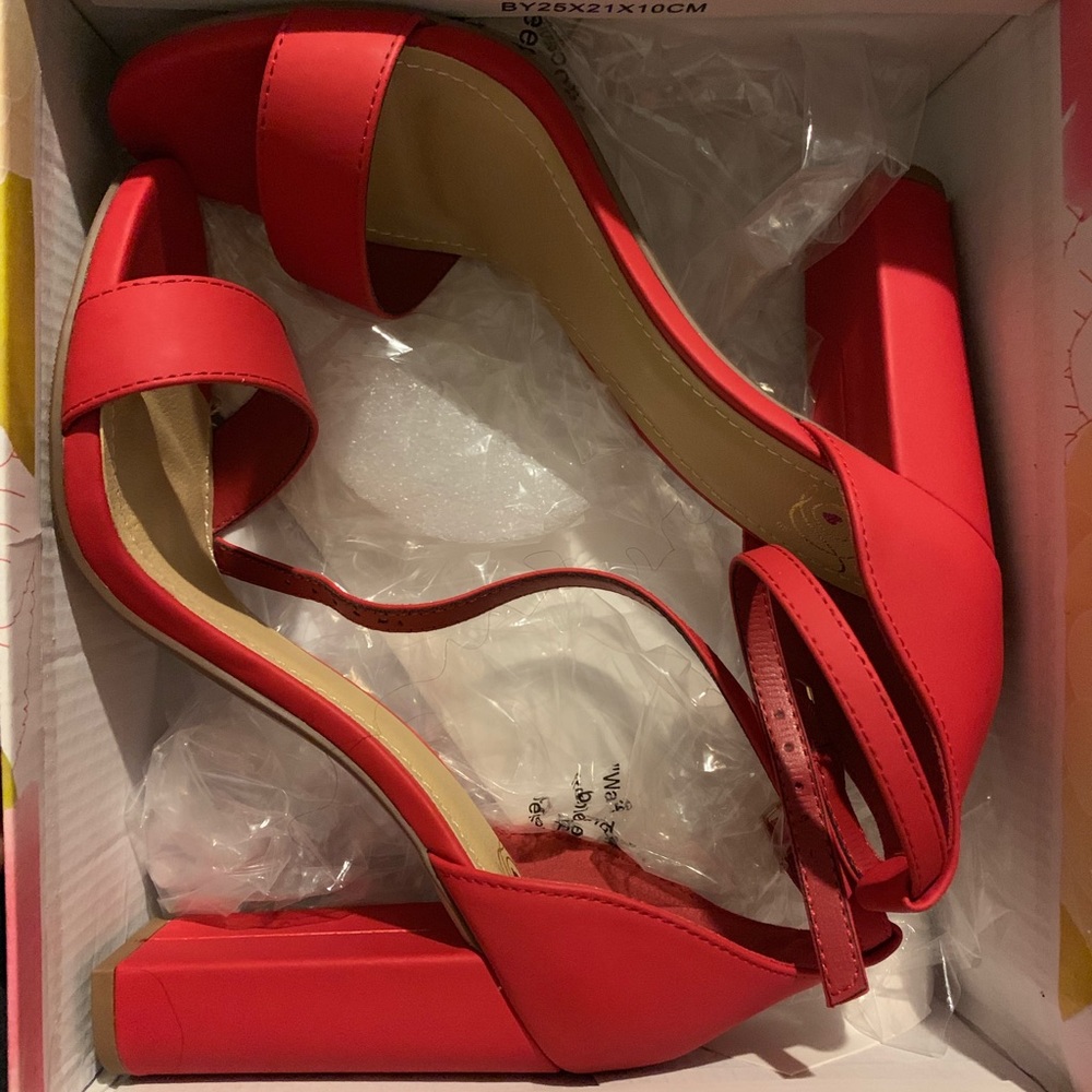 Red chunky heel sandals
